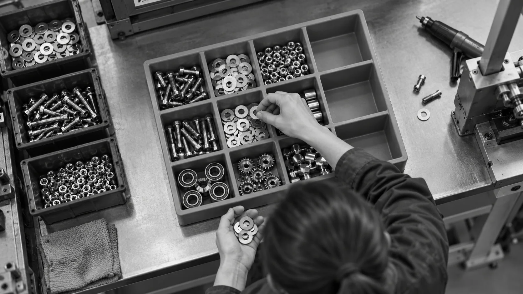 Conceptual illustration of an operator handling washers over a compartmented parts tray at a kitting bench.