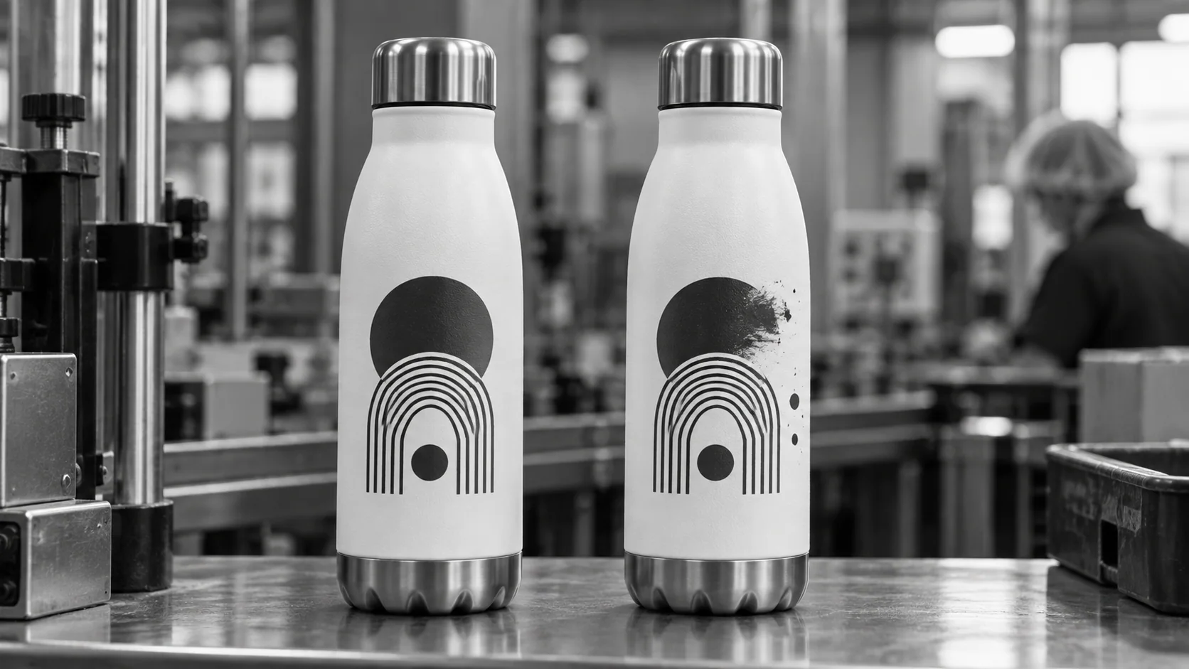 Konzeptionelle Darstellung eines klaren Druckmotivs neben einem verschmierten Motiv auf einer Flasche.