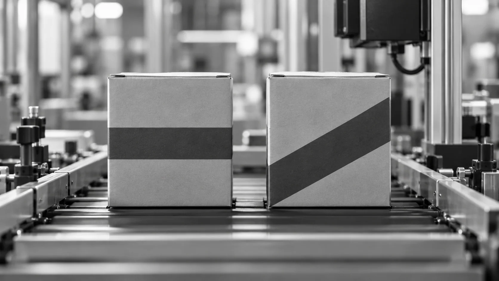Conceptual illustration of similar cartons with different geometric bands.