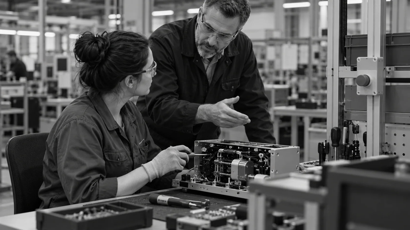 Conceptual illustration of a supervisor helping an operator resolve an assembly issue at the station.