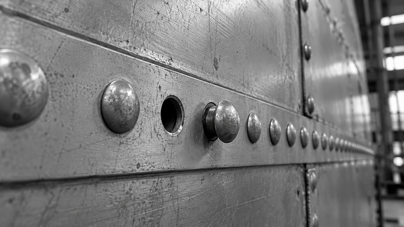 Conceptual illustration of a rivet row with an unoccupied hole and a protruding head.