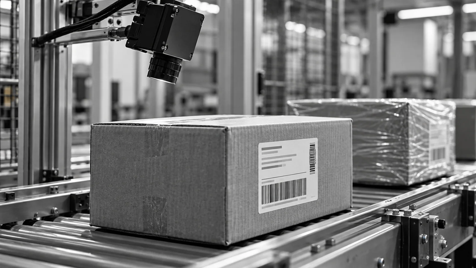 Conceptual illustration of a labelled shipping carton passing an inspection camera.
