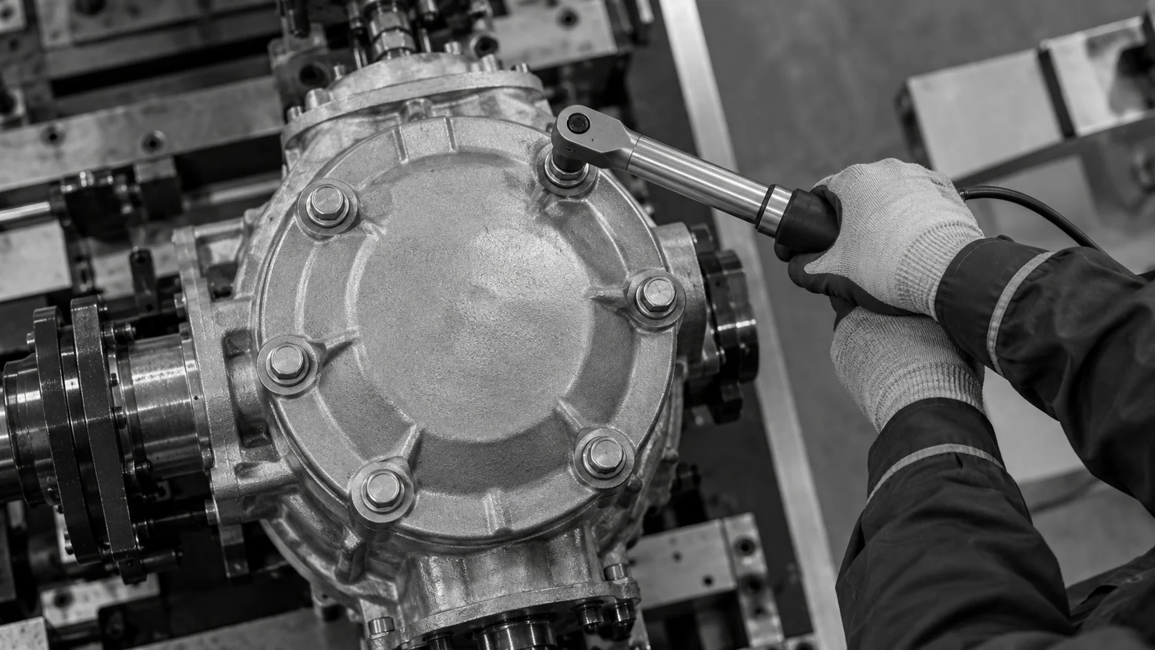 Conceptual illustration of a socket tool engaging one bolt on a multi-bolt flange beneath a camera.