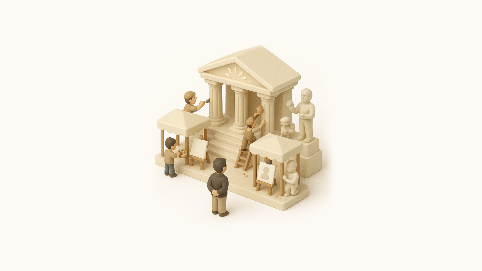 Illustration 3D d’un homme contemplant un temple du design où des artistes peignent et sculptent des œuvres, symbole de la créativité et du professionnalisme dans la conception d’un CV design