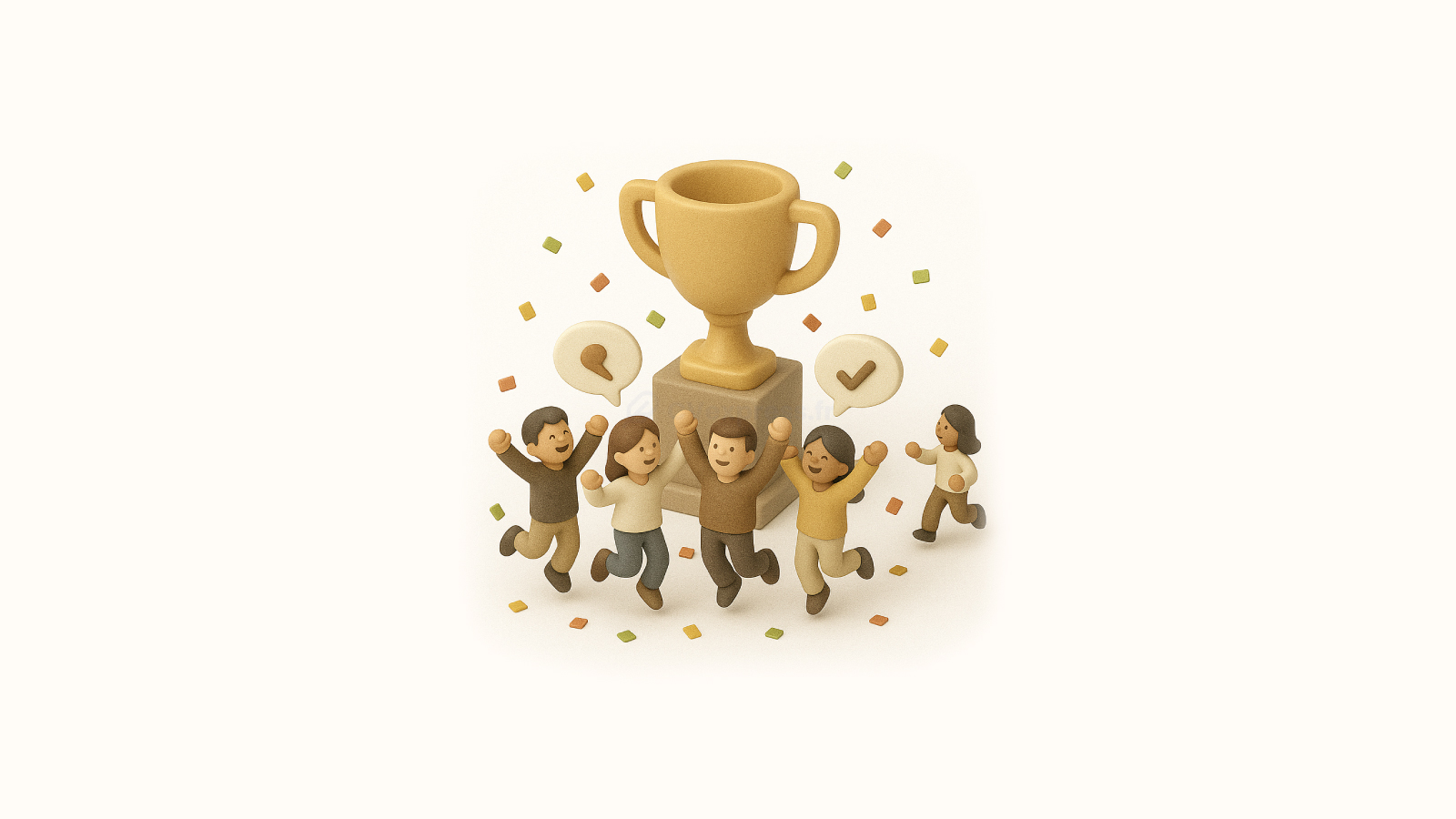 Illustration 3D d’un groupe de personnes sautant de joie devant un grand trophée, entourées de confettis, symbolisant la réussite grâce à une accroche de CV percutante et efficace