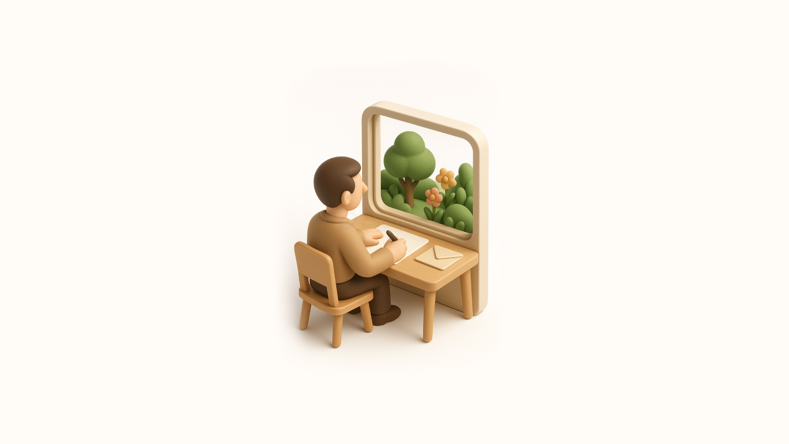 Image en 3D d’un homme assis à son bureau écrivant une lettre de motivation, regardant par la fenêtre un jardin verdoyant pour trouver l’inspiration, symbole de persévérance et de créativité sans expérience