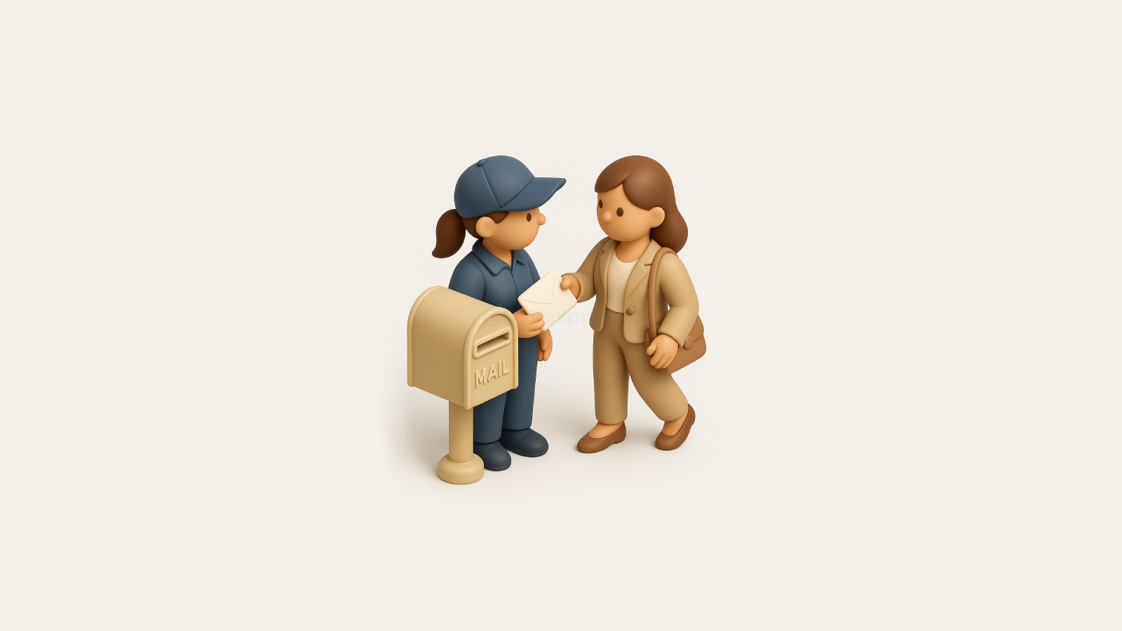 Illustration 3D d’une femme changeant de tenue professionnelle tout en déposant une lettre dans une boîte aux lettres, symbolisant la reconversion professionnelle et l’envoi d’une nouvelle candidature