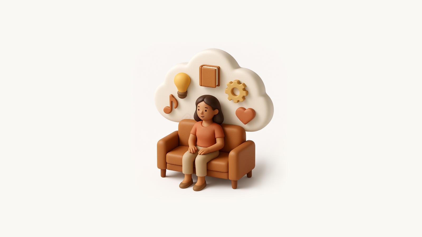 Illustration 3D d’une femme assise sur un canapé, réfléchissant à ses compétences et passions symbolisées par une ampoule, un livre, une roue dentée, une note de musique et un cœur, évoquant le bilan de compétences pour une reconversion réussie