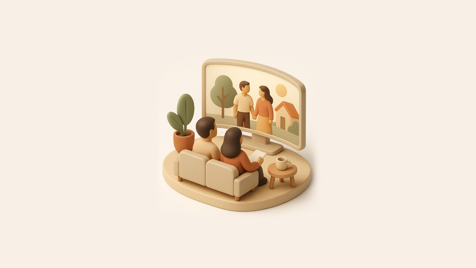 Illustration 3D d’un couple assis sur un canapé regardant un écran montrant deux personnes se tenant la main devant une maison, symbolisant une nouvelle étape de vie et la réussite d’une reconversion professionnelle après 40 ans