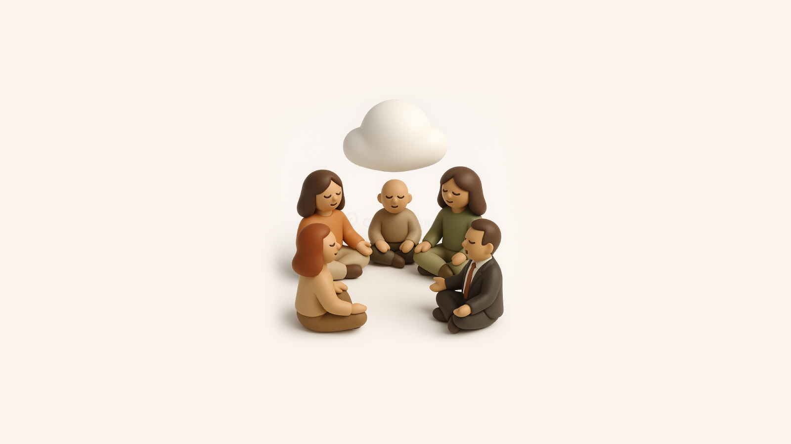Illustration 3D de cinq personnes assises en cercle sous un nuage, symbolisant la clarté d’esprit, la simplicité et l’efficacité d’une lettre de motivation bien structurée et facile à adapter