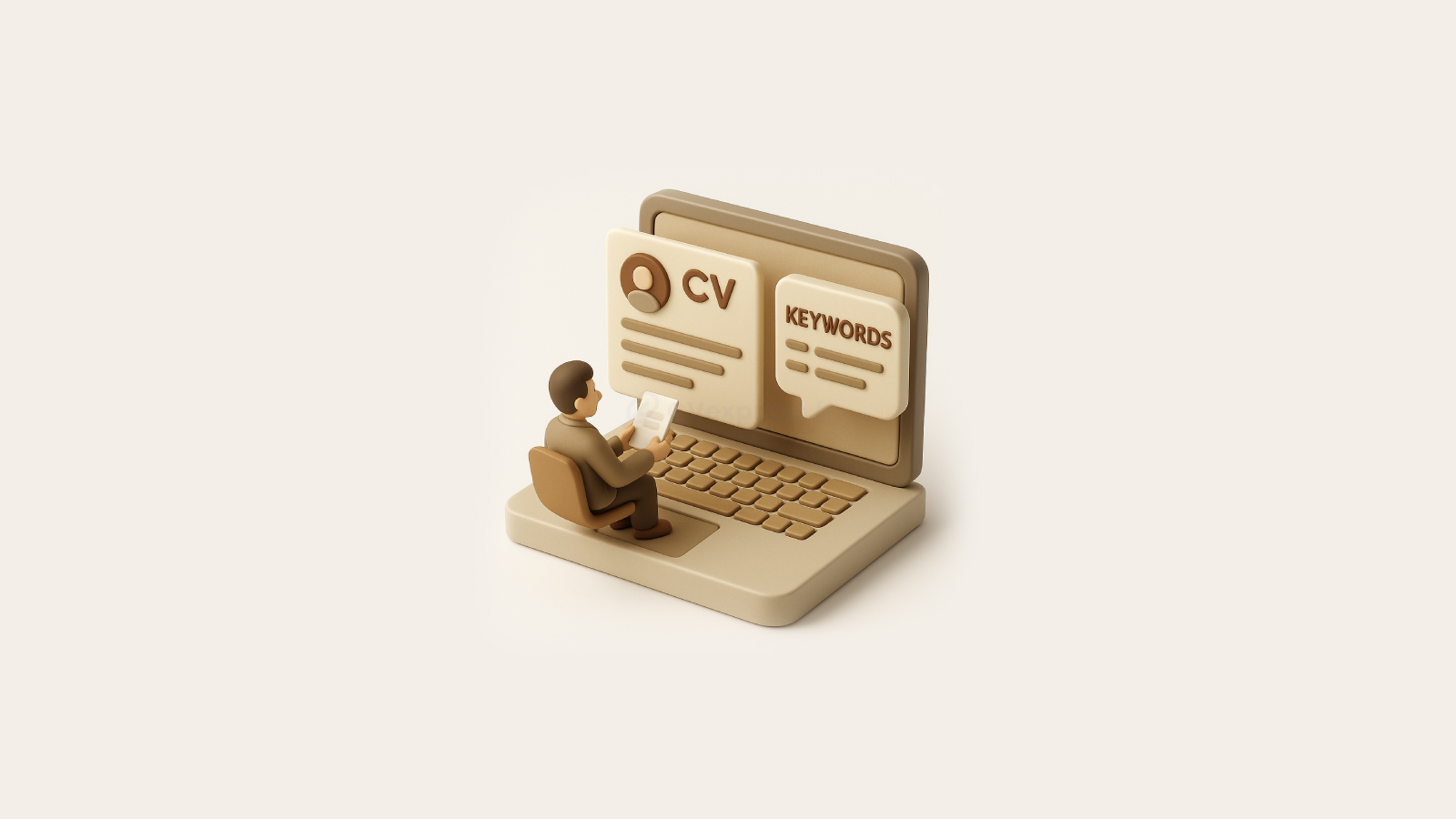 Illustration 3D d’un homme assis devant un ordinateur affichant un CV et une bulle contenant le mot ‘keywords’, symbolisant l'analyse et l’optimisation des mots-clés pour les ATS et la rédaction d’un CV performant