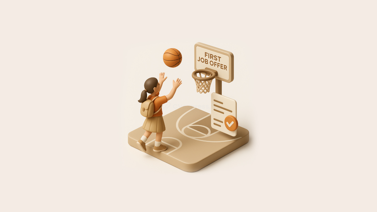 Illustration 3D d’une étudiante lançant un ballon de basket vers un panier marqué ‘First Job Offer’, symbolisant la recherche du premier emploi et l’importance d’un modèle de CV étudiant réussi