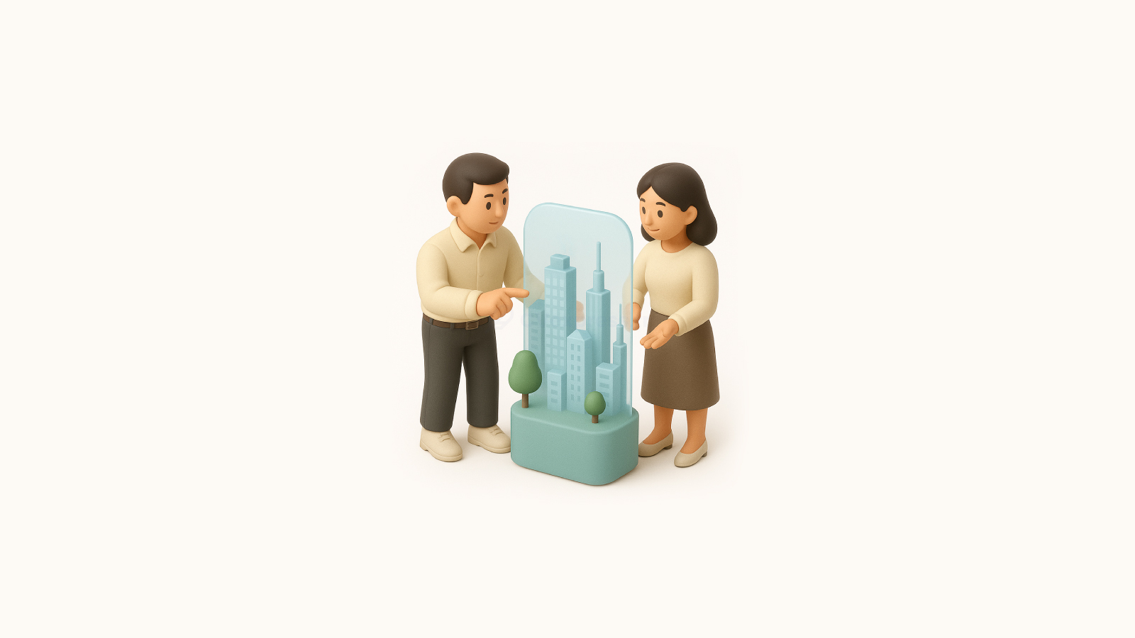Illustration 3D d’un homme et d’une femme observant une maquette holographique de ville futuriste, symbolisant la reconversion professionnelle vers les métiers du numérique et les nouveaux parcours technologiques