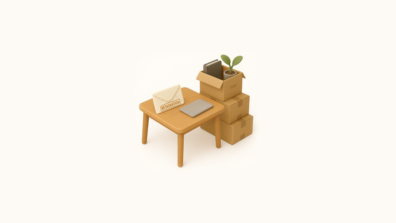Illustration 3D d’un bureau avec une enveloppe marquée 'Resignation', un ordinateur portable et des cartons empilés, symbolisant la rédaction d’une lettre de démission simple et le départ d’un poste