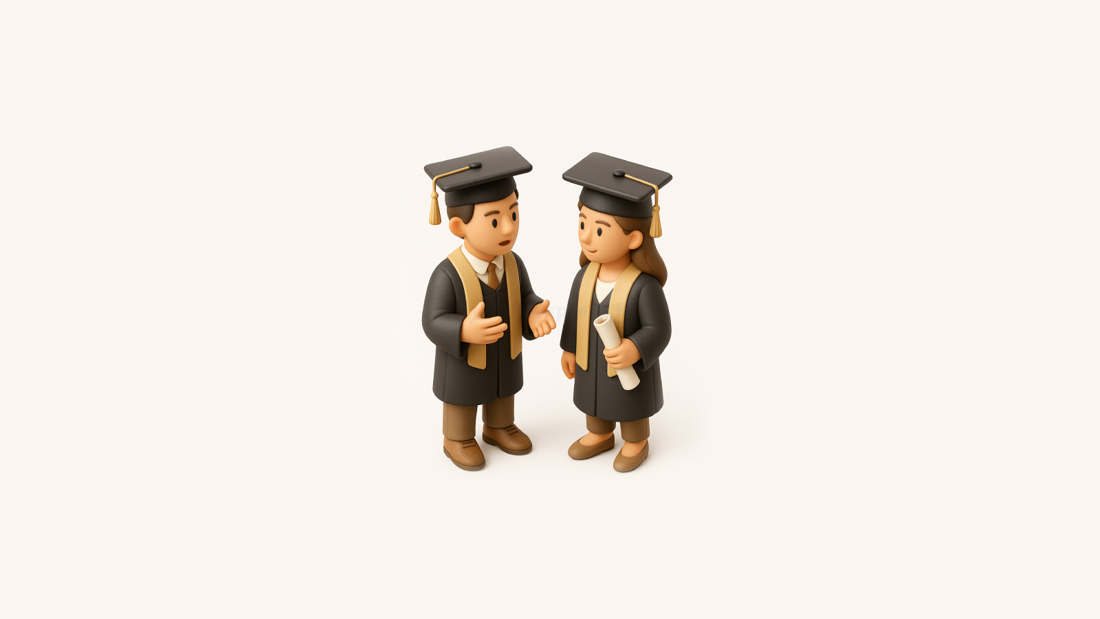Illustration 3D de deux étudiants diplômés en toge et chapeau tenant un diplôme, symbolisant la recherche d’un premier emploi et l’utilisation d’un modèle de CV étudiant gratuit à télécharger