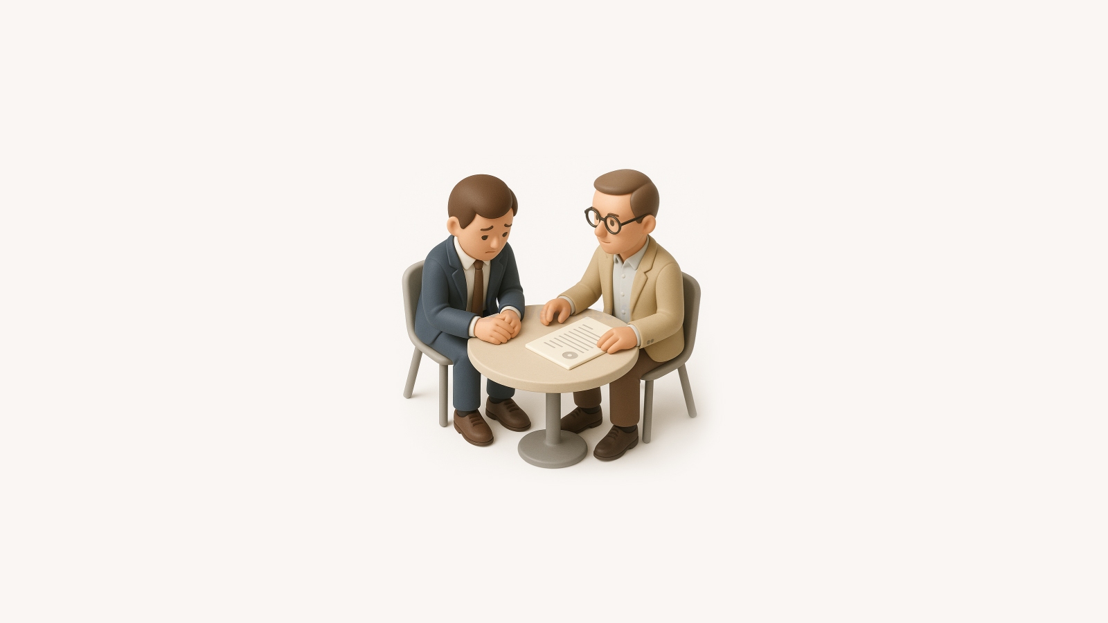 Illustration 3D d’un candidat stressé assis face à un recruteur pendant un entretien d’embauche, symbolisant les erreurs fréquentes de comportement et l’importance de la préparation