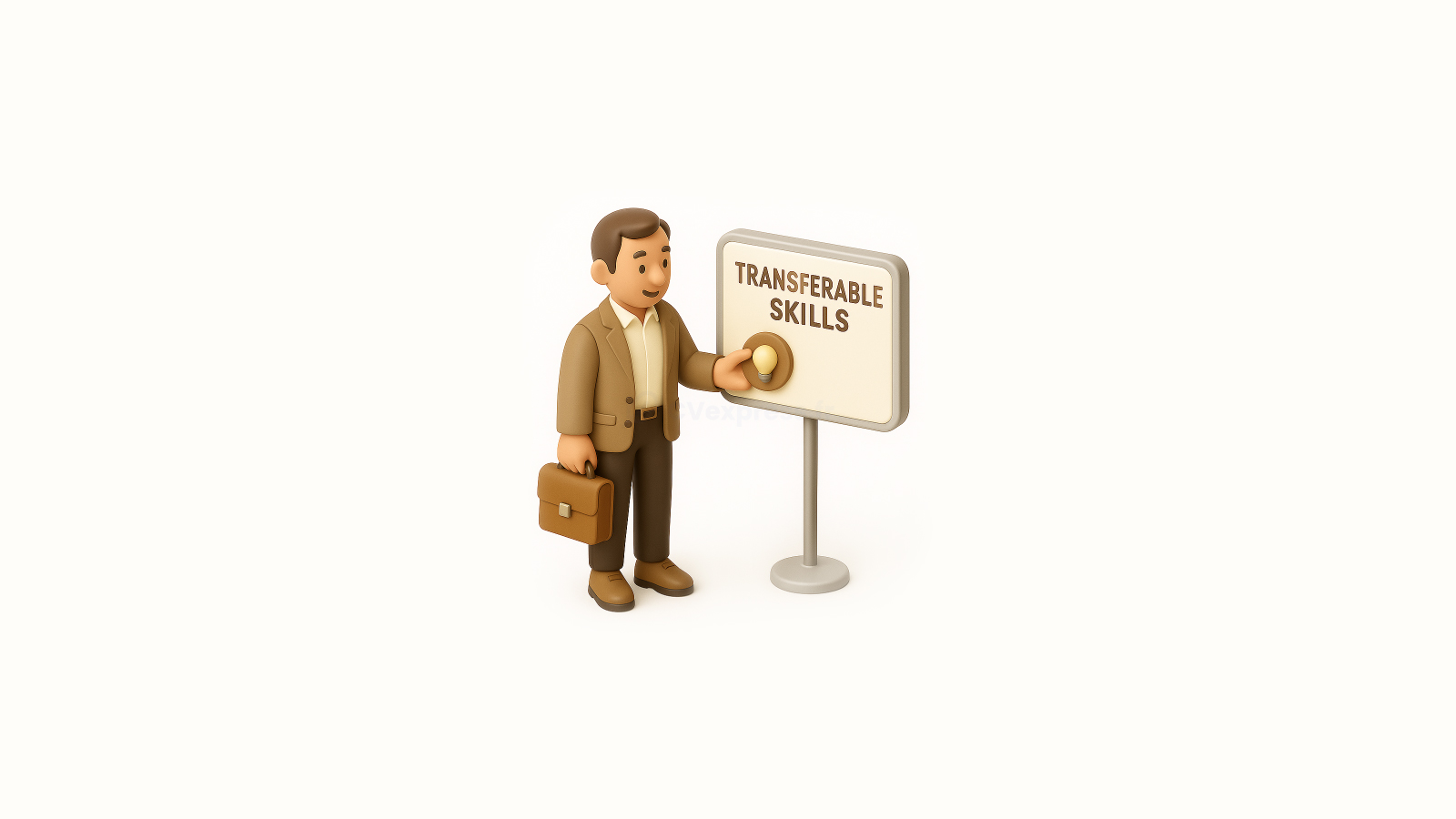 Illustration 3D d’un professionnel en costume décrochant une compétence d'un panneau marqué Transferable Skills, symbolisant la reconversion professionnelle et la valorisation des compétences transférables dans un modèle de CV