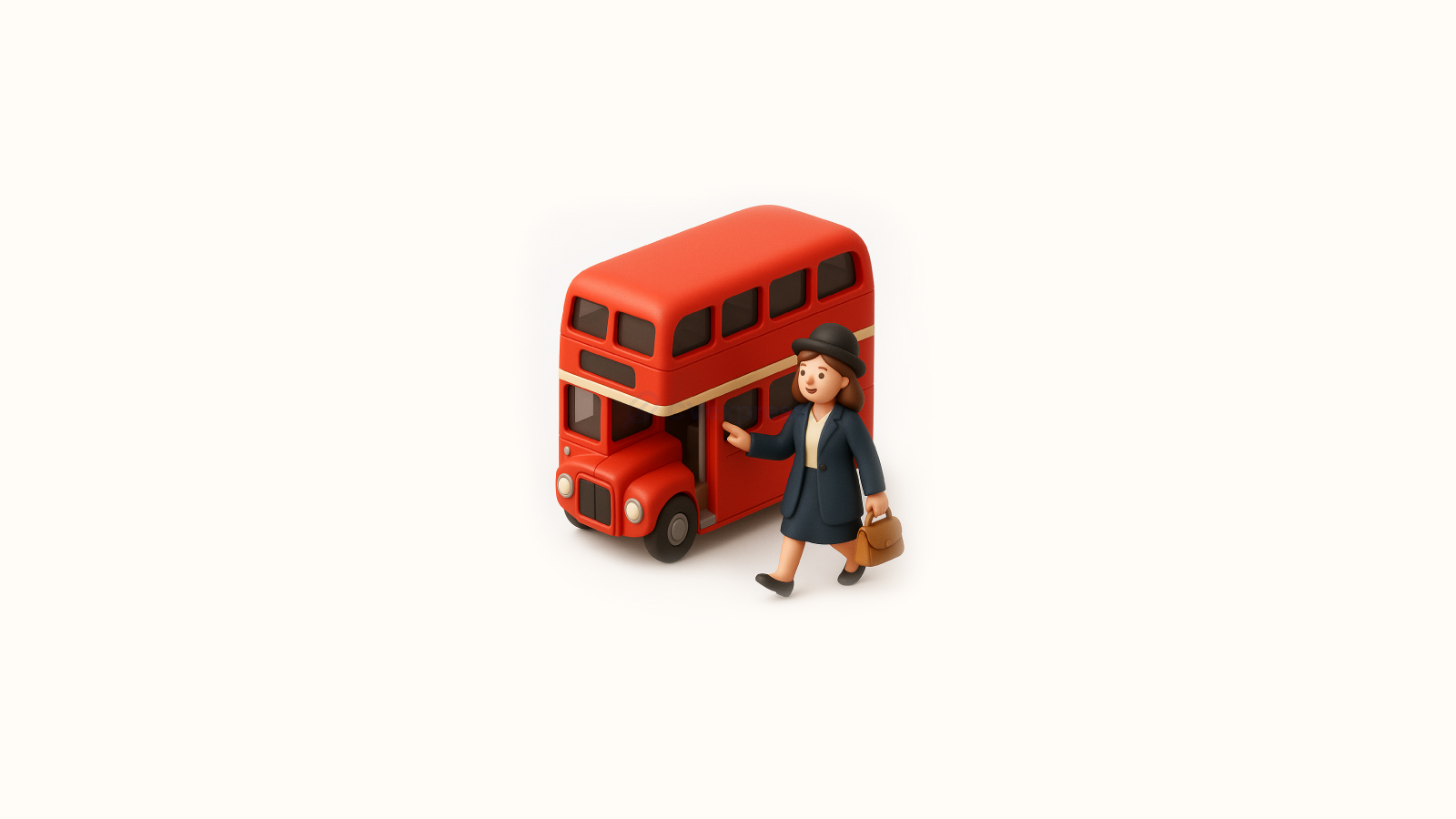 Illustration 3D d’une candidate descendant d’un bus londonien, symbolisant la préparation d’un entretien d’embauche en anglais et la maîtrise des phrases clés et du vocabulaire professionnel.