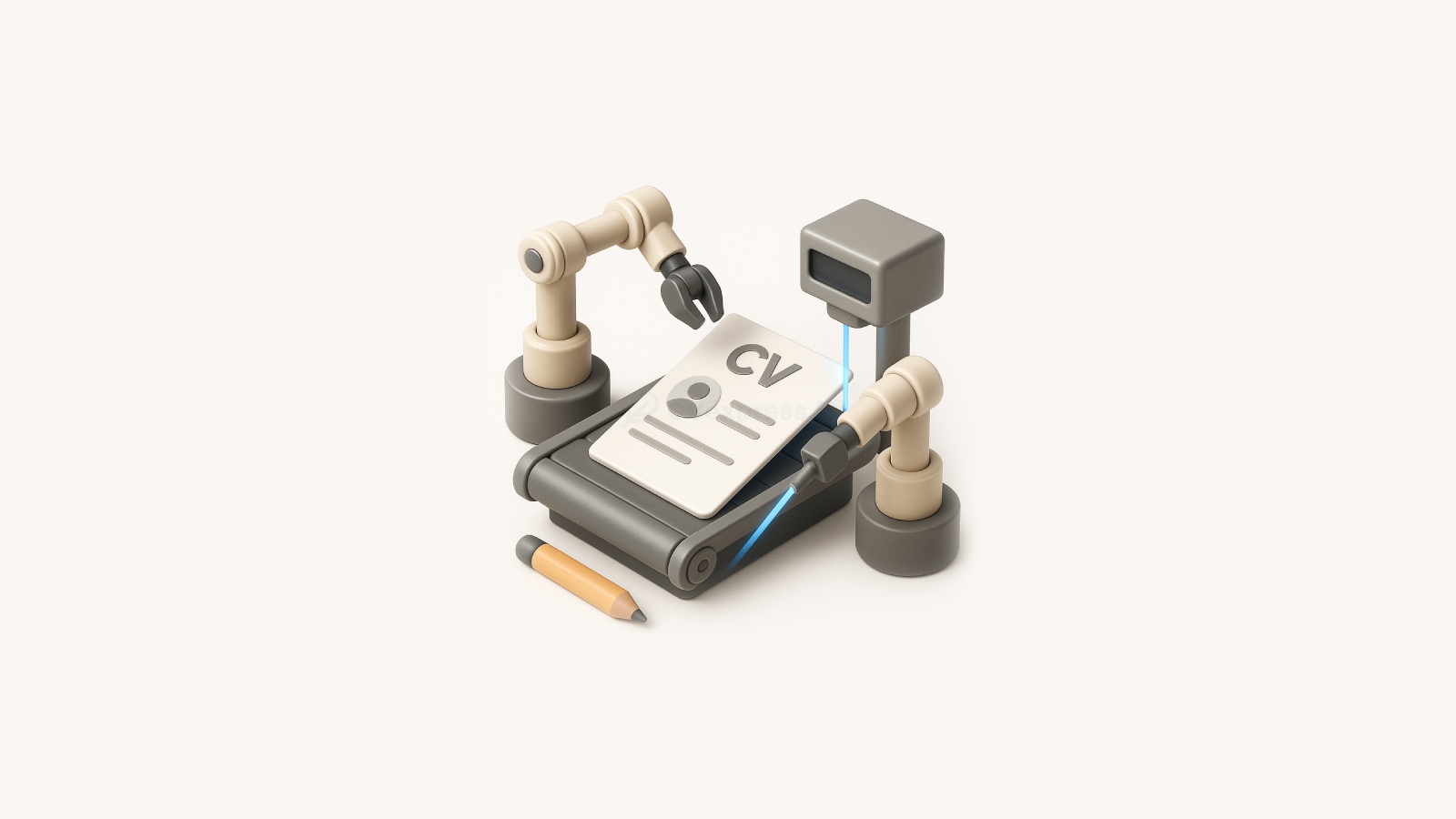 Illustration 3D d’un CV analysé par un scanner automatisé avec des bras robotisés, symbolisant la compatibilité ATS et les filtres de sélection des systèmes de suivi de candidature.