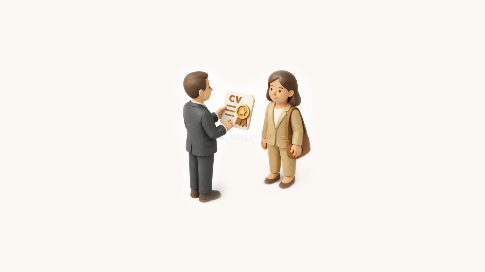 Illustration 3D d’un candidat présentant un CV original validé par un recruteur, représentant l’équilibre entre créativité, lisibilité et impact professionnel.