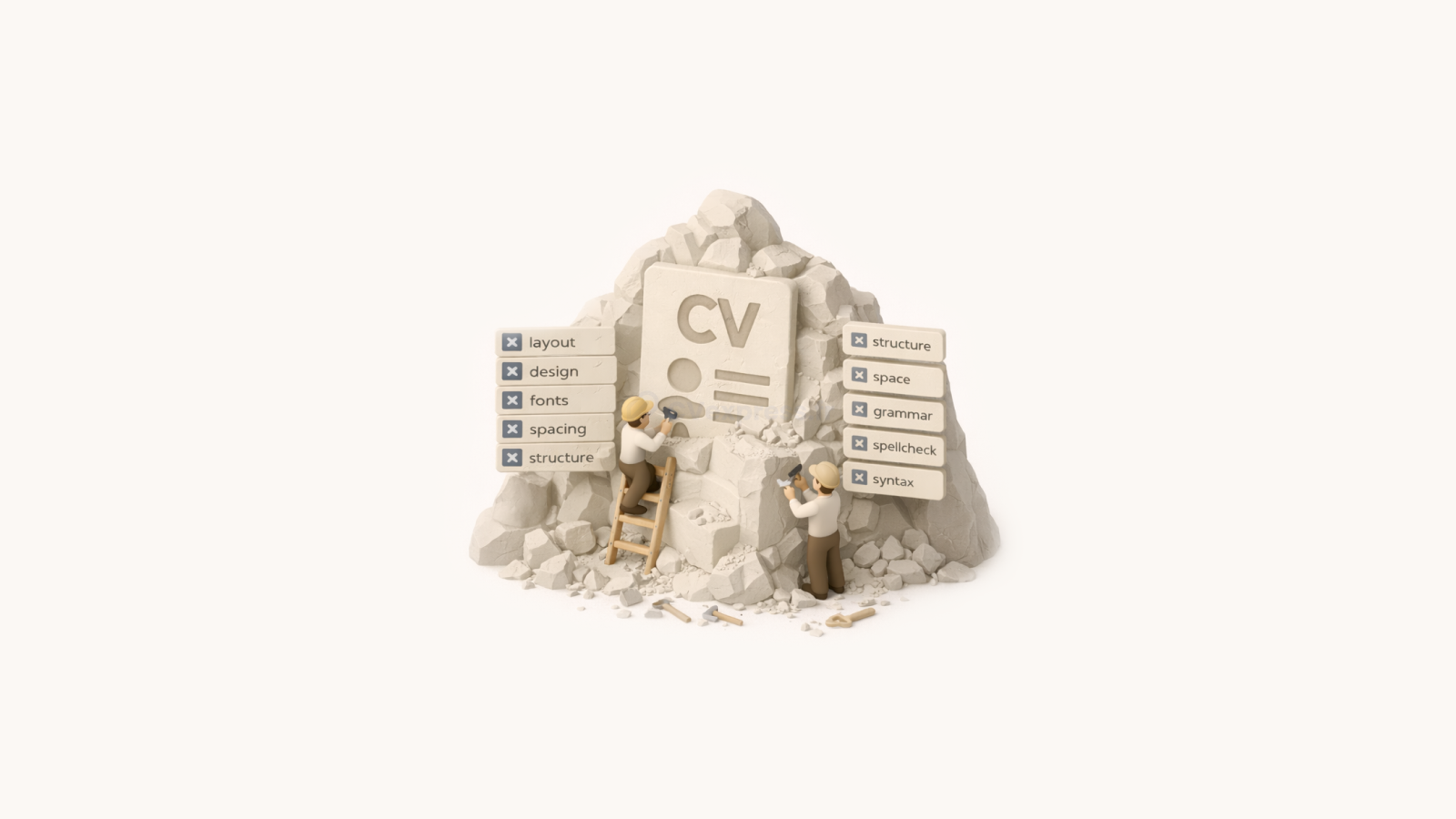 Illustration 3D d’un CV sculpté dans la pierre, entouré d’erreurs de design (mise en page, typographie, structure, espacement, grammaire), symbolisant les fautes visuelles qui font décrocher un recruteur.