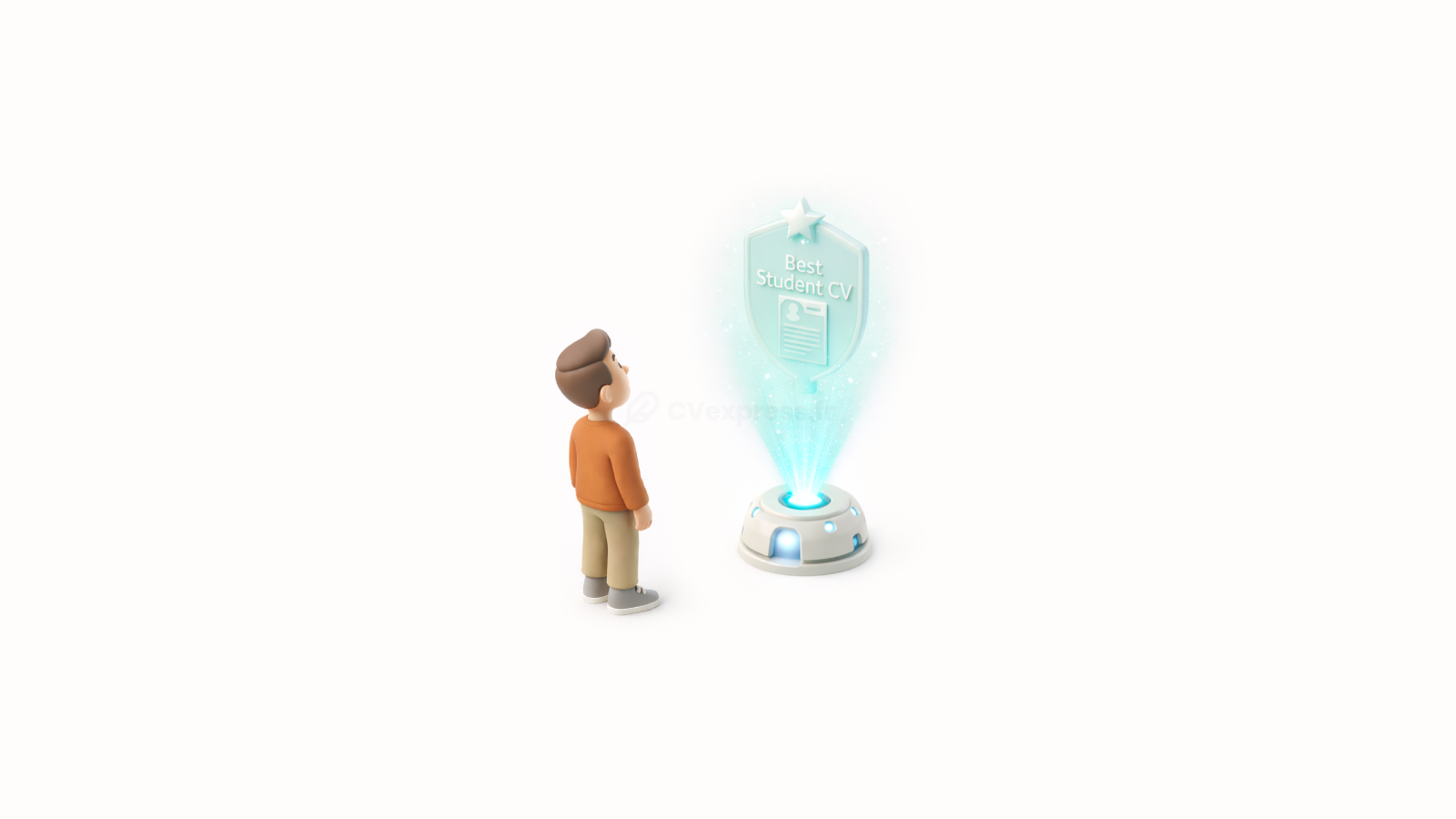 Illustration 3D d’un étudiant observant un trophée holographique “Meilleur CV Étudiant”, symbolisant la structuration d’un CV étudiant crédible pour décrocher un stage, une alternance ou un premier emploi.