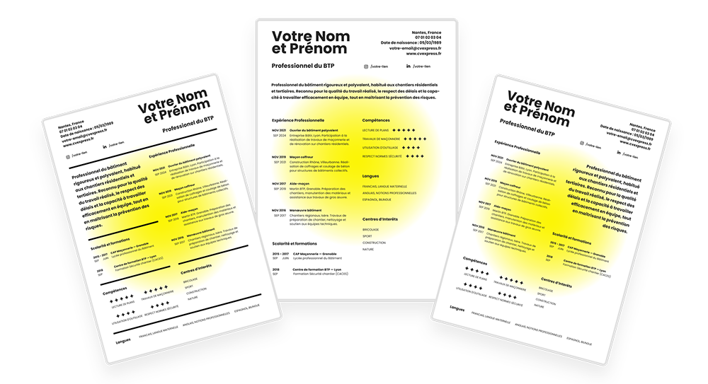 Image finale de mise en situation de 3 structures de CV en 1 modèle pour illustrer le choix et les options offertes aux utilisateurs pour concevoir leur CV maçon dans le secteur du BTP