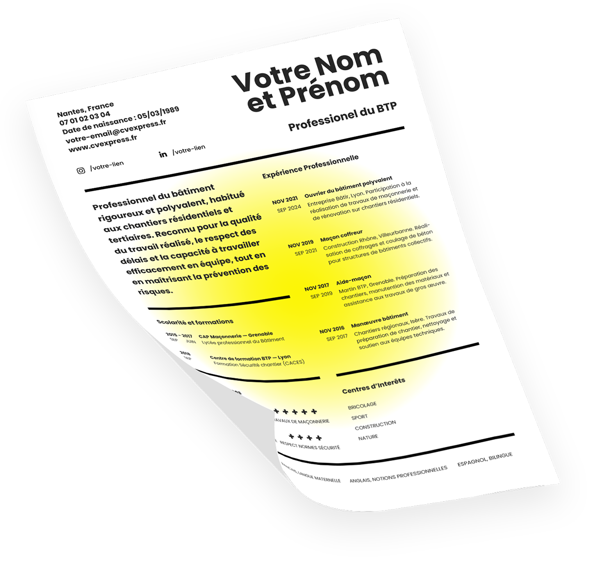 Illustration d’un CV peintre en bâtiment en 3D présentant des travaux de finition, peinture intérieure et extérieure, préparation des supports et interventions sur chantier de rénovation ou construction