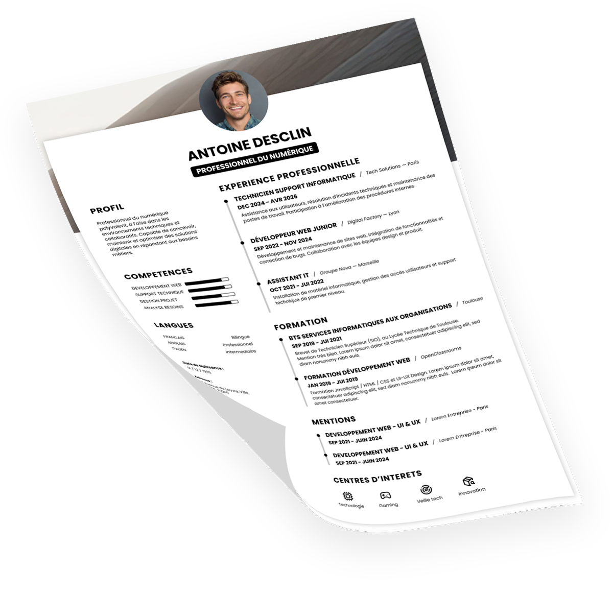 Illustration d’un CV développeur web en 3D présentant code source, projets web, interfaces utilisateur, logique back-end et utilisation de frameworks modernes pour applications web