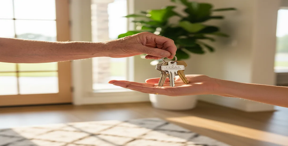 Parent's hand giving house keys to child.