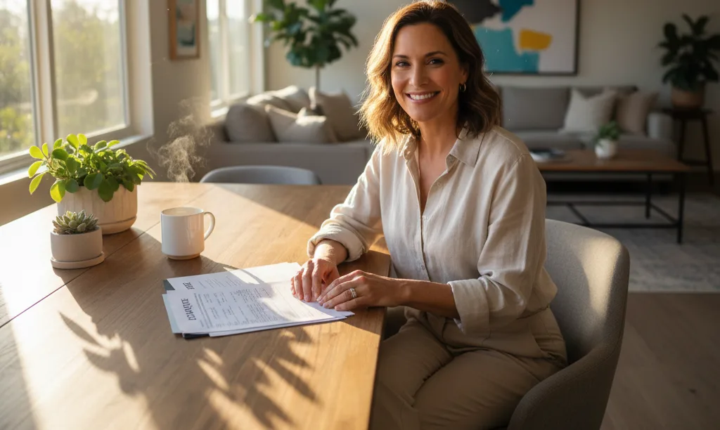 Self-employed woman reviews iQRATE Mortgages documents in California.