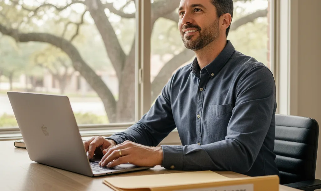 Self-employed Texas homeowner working in his sunny home office.