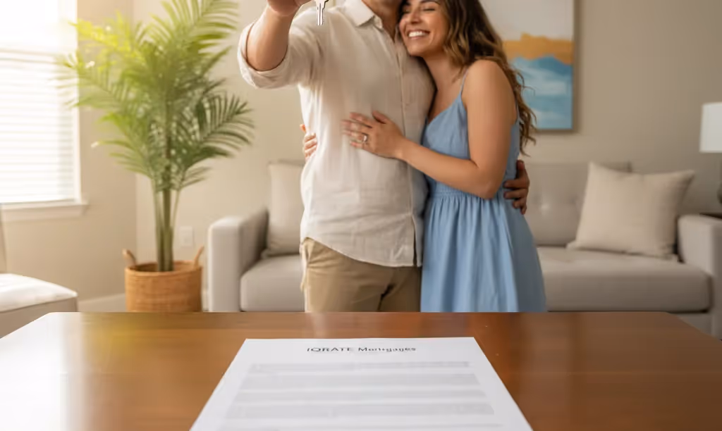 Joyful couple with keys in new Florida home.
