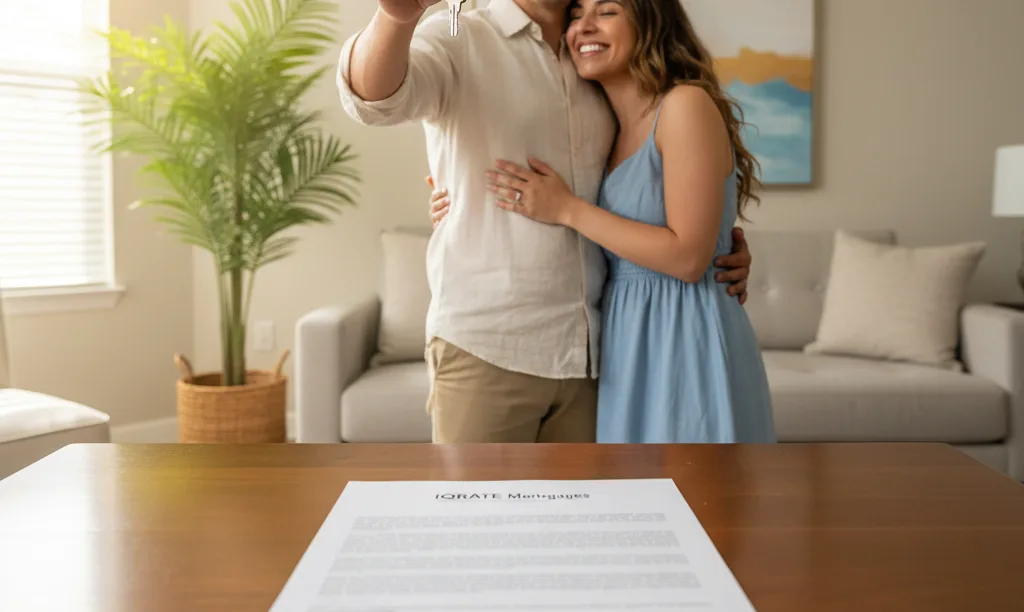 Joyful couple with keys in new Florida home.