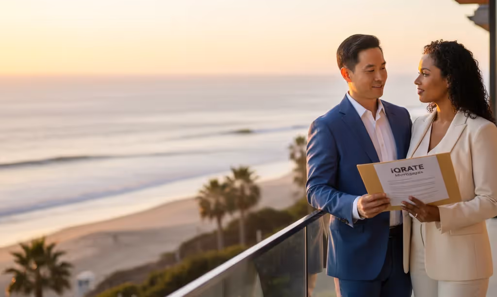 A couple on a balcony overlooking the ocean with an iQRATE Mortgages folder.