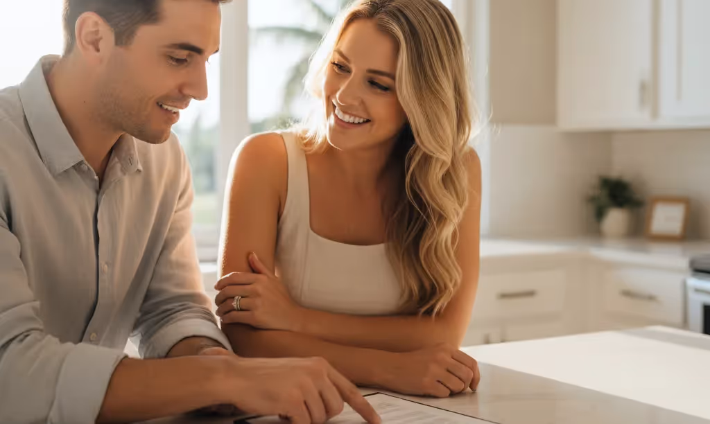 Couple reviewing iQRATE Mortgages documents in kitchen.