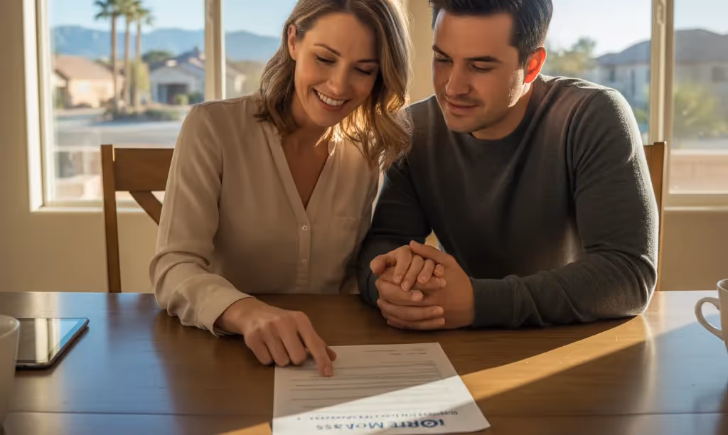 Couple reviewing iQRATE Mortgages options in home.