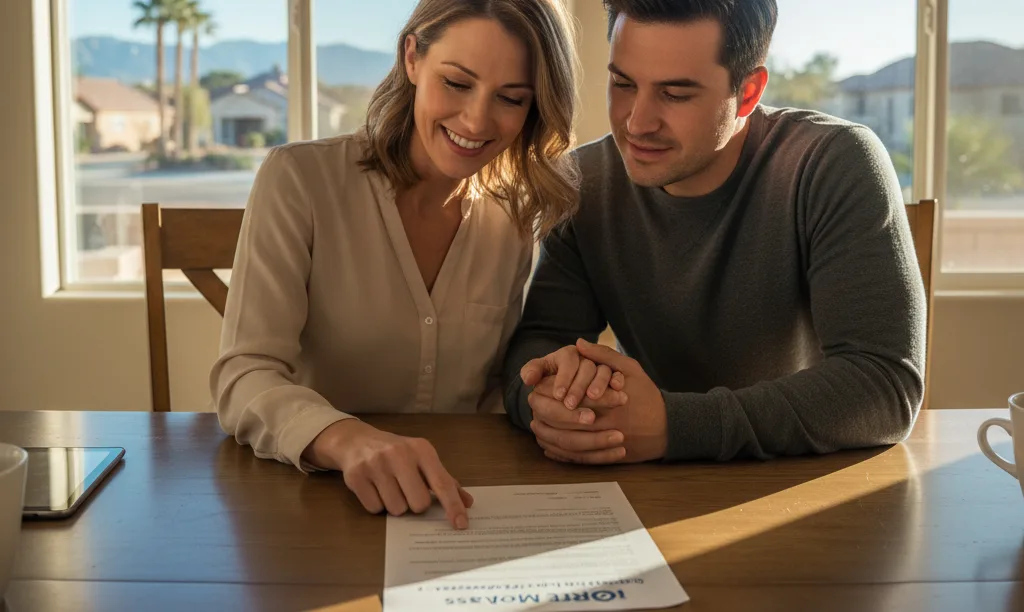 Couple reviewing iQRATE Mortgages options in home.