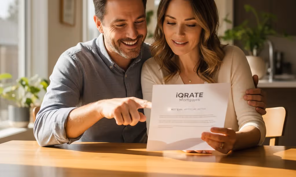 Couple joyfully reviewing iQRATE Mortgages approval letter.
