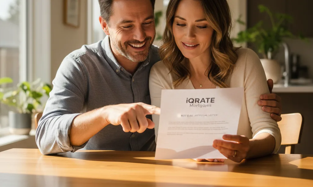 Couple joyfully reviewing iQRATE Mortgages approval letter.