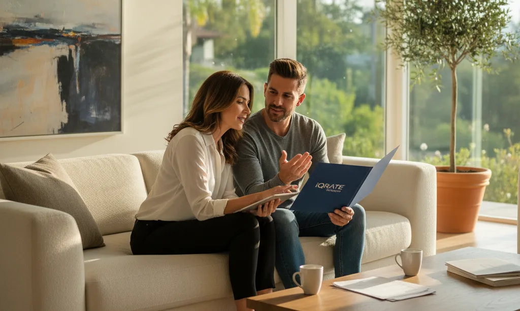 Couple discussing home financing with iQRATE Mortgages.