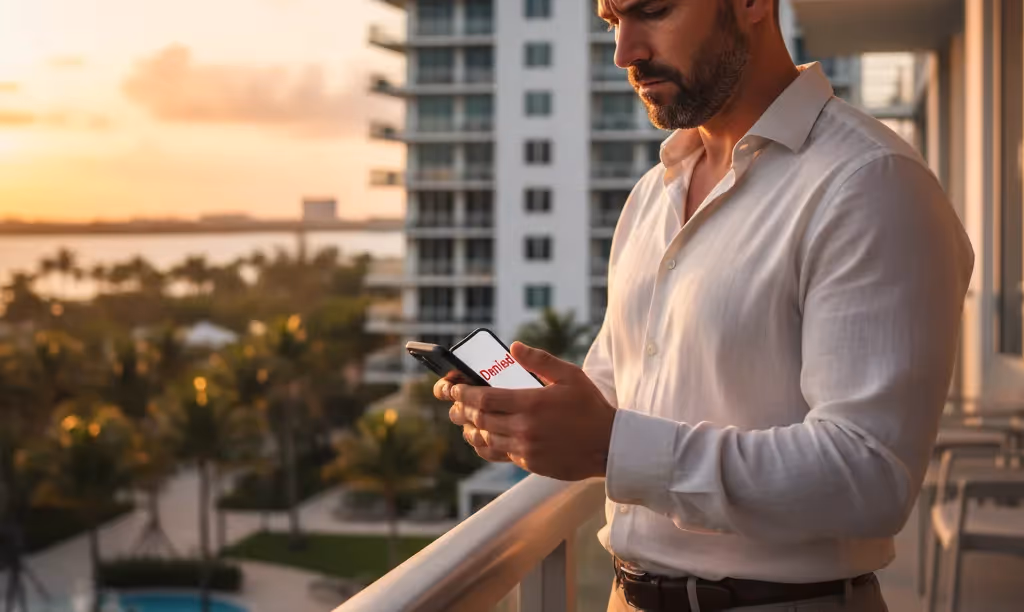 Investor on Florida condo balcony frustrated by denied loan.