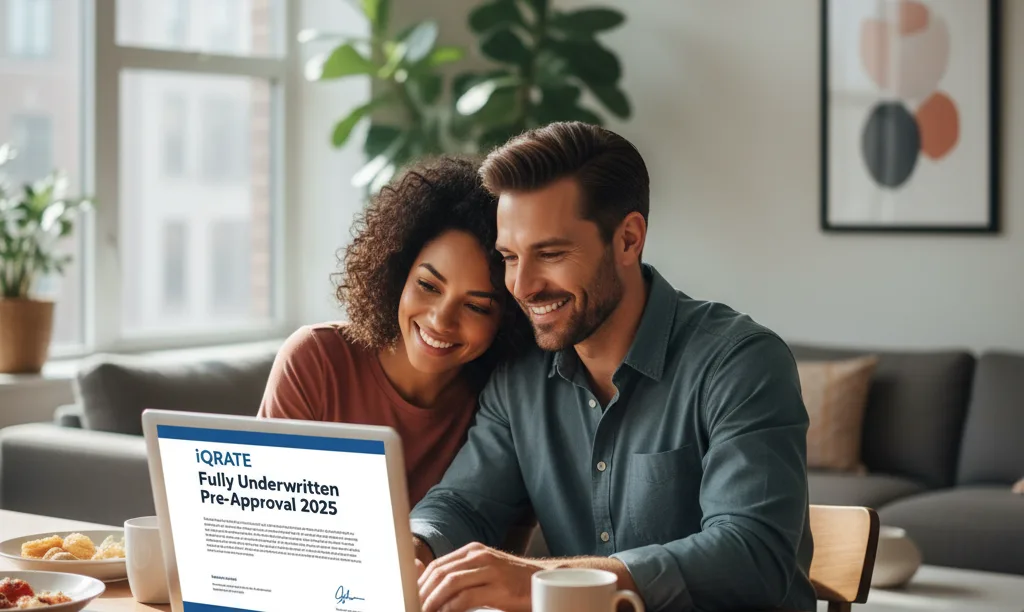 Confident couple reviewing iQRATE Mortgages pre-approval online.