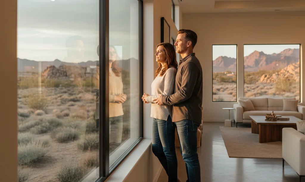 Couple looking out window of luxury Nevada home.