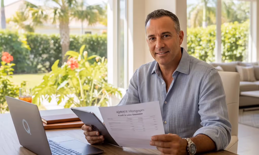 Florida business owner reviewing jumbo loan documents.