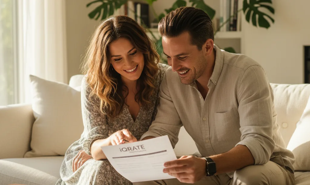 Couple in sunlit room reviewing iQRATE Mortgages documents.
