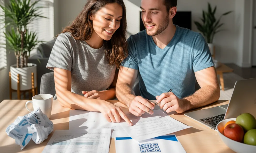 Couple reviewing utility bills for iQRATE Mortgages