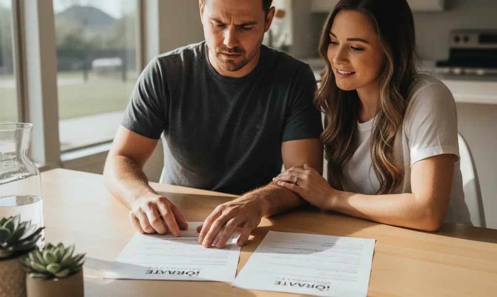 Couple reviewing iQRATE Mortgages closing documents at table.