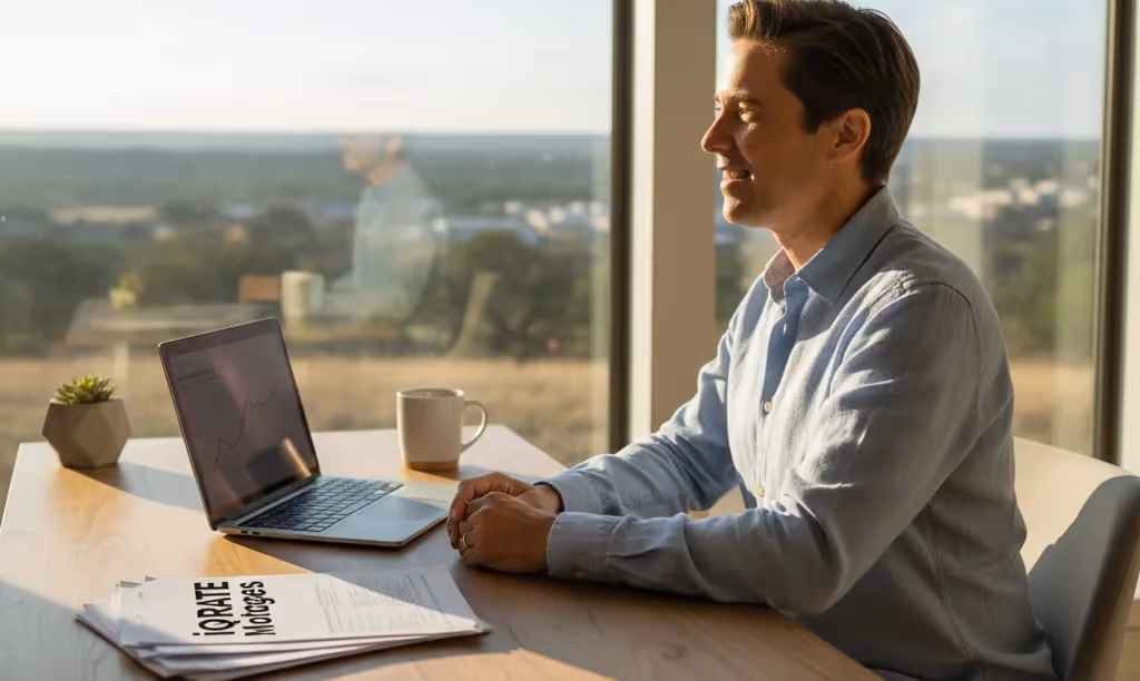 Self-employed person in Texas home office with mortgage documents.