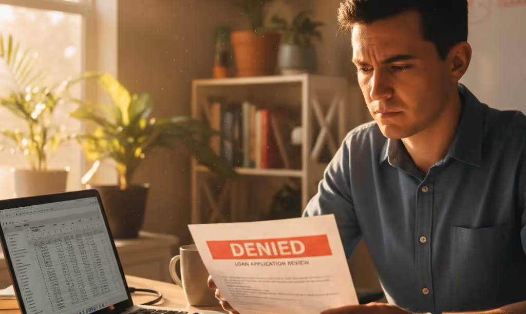 Frustrated person reviewing Florida loan denial documents.